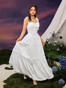 Faeriesty 女士仙女风吊带中长连衣裙 - 采用透气面料，胸部饰有刺绣图案，裙摆飘逸荷叶边，非常适合约会、度假或作为伴娘礼服。 - 白色 - 查看 1