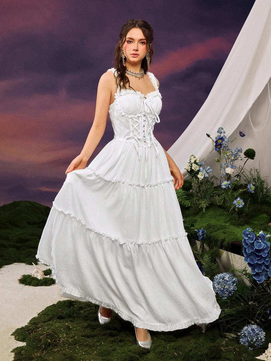 Faeriesty 女士仙女风吊带中长连衣裙 - 采用透气面料，胸部饰有刺绣图案，裙摆飘逸荷叶边，非常适合约会、度假或作为伴娘礼服。 - 白色 - 查看 1