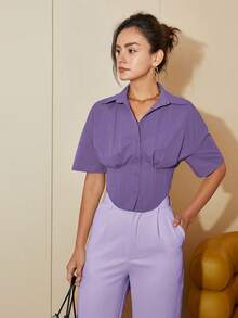 Áo croptop tay ngắn màu trơn, kiểu dáng thường ngày, thích hợp cho mùa hè, trang phục mùa xuân cho nữ, phong cách công sở thường ngày, trang phục đi nghỉ mát. - Màu tím  Violet - Xem 5