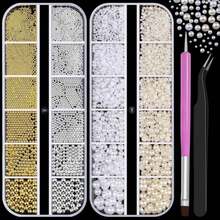 2 Boxes Metal Nail Beads And Flatback Pearls With Tweezers And Brush Kit, 1.5-5mm White &Amp; Beige Half Round Pearls, 0.8-3mm Gold Silver Small Caviar Beads Balls For Face Makeup Manicure Crafts(1-K2) - ColorA - 查看 1
