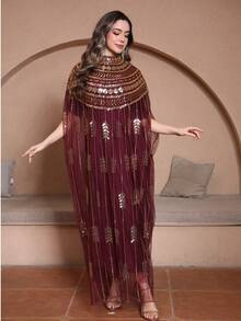 Váy kiểu Ả Rập rộng rãi màu đỏ rượu vang đính sequin. - Màu Đỏ Sâu - Xem 4