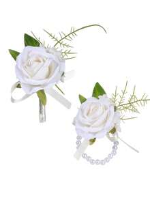 Wedding Boutonniere Set, Artificial Flower Bracelet, Homecoming Corsage Bracelet, Men's Boutonniere, Wedding Floral Accessories, Prom Suit Decoration - Multicolor - View 15