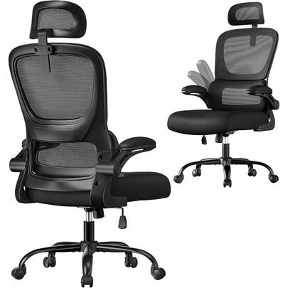 SONGMICS Silla de Oficina Ergonómica, Tejido de Malla de Doble Capa, Reposabrazos Plegables, Lumbar y Reposacabezas Ajustables, Negro Tinta MOBN041B01