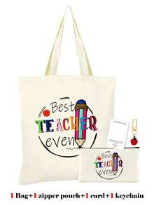 10/5/4/2pcs/1pc/Set Teacher Themed Canvas Tote Bag, Shopping Bag, Zipper Pouch, Appreciation Card, Apple Keychain Canvas Gift Set, Suitable For Back To School, Graduation, Teacher's Day, Multi-Purpose Shopping Bag, Book Bag, Stationery Pouch Set, Portable For SPA, Party, Gym, Travel, Cosmetic Organizer - Beige - View 24