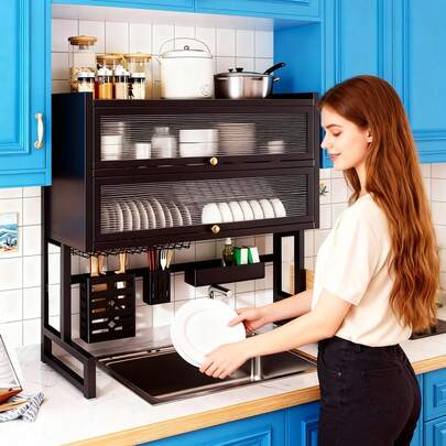 HanTai Large Over The Sink Dish Drying Rack, 4 Tier Over Sink Dish Rack With Utensil Holder, Dishes Drainer For Kitchen Counter Kitchen Organizer Metal