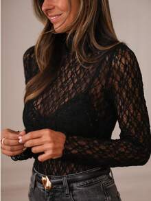Women's Sheer Lace Long Sleeve Blouse, Elegant Casual Suitable For Daily, Date, Office Wear, Women's Lace Blouse, Women's Elegant Top, Women's Summer & Spring Top Black - Black - View 9