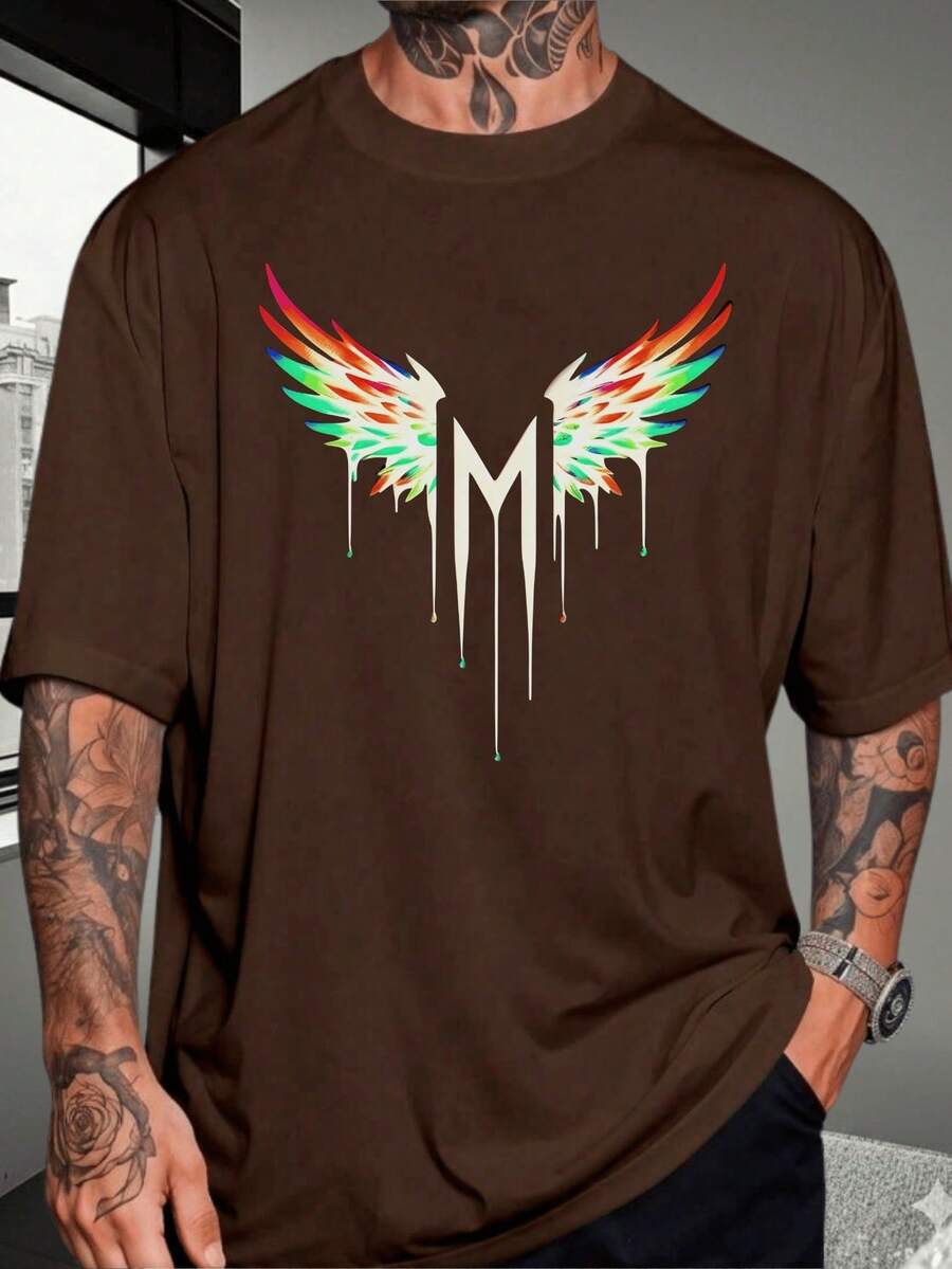 Camiseta Masculina Casual Estampada 100% Algodão Asas Camisa Basica Lisa Unissex - Marrom - Visão 1