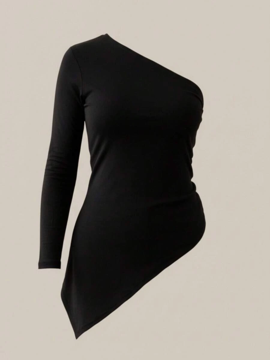 Women's Asymmetrical Blouse, One-Shoulder Sleeve, Long Ribbed Knit, Premium Basic, Stylish, Casual - màu đen - Xem 1