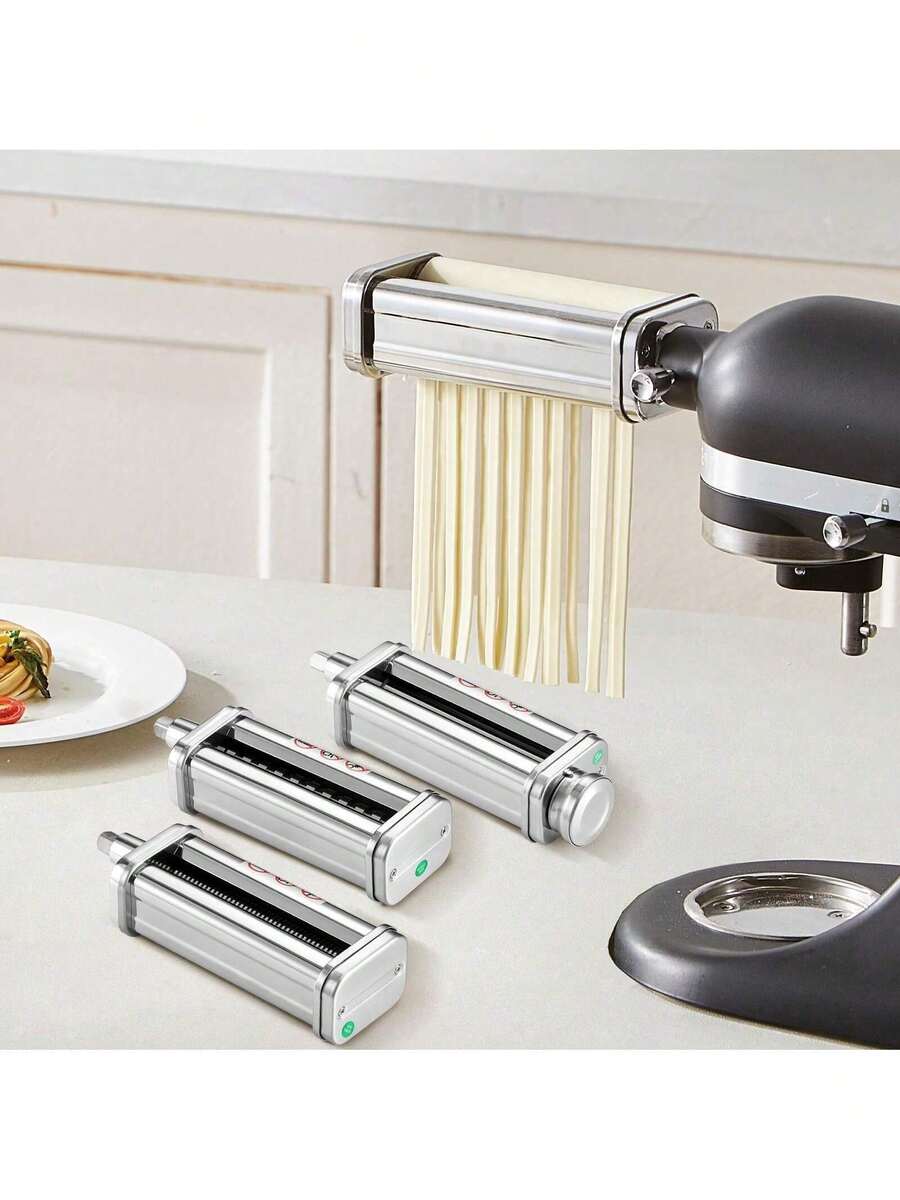 Pasta Attachment For KitchenAid Stand Mixer, Stainless Steel Pasta Roller Cutter Set Including Pasta Sheet Roller, Spaghetti And Fettuccine Cutter, 8 Adjustable Thickness Knob Pasta Maker, 3Pcs - Silver - View 1
