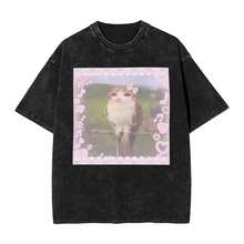 Streetwear Washed T-Shirt Meowl Cat Owl Meme Simple T Shirts Fashion Tshirt For Mens Beach Y2K Retro Print Tops - 黑色 - 查看 1