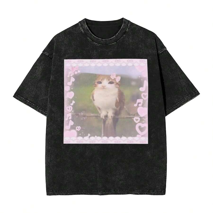 Streetwear Washed T-Shirt Meowl Cat Owl Meme Simple T Shirts Fashion Tshirt For Mens Beach Y2K Retro Print Tops - 黑色 - 查看 1