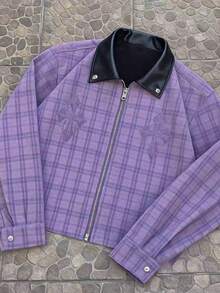 Loose Three-Dimensional Embroidery Retro Style Men's And Women's Striped Double Zipper Pullover Jacket - 紫色 - 查看 1