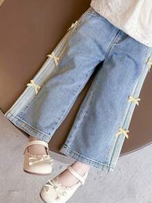 Young Girl Bow Decor Elastic Waist Wide Leg Jeans - Blue - View 2