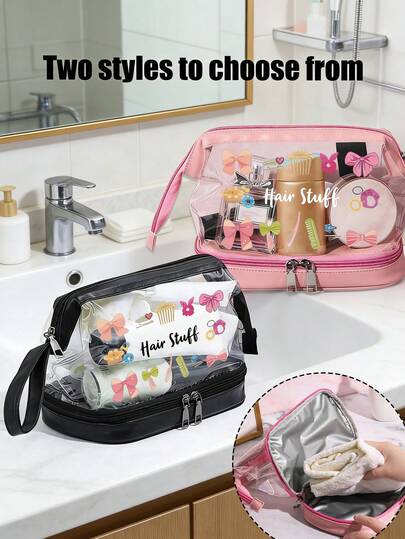 PVC材质便携透明化妆包，印有“发饰”字样和各种蝴蝶结图案，大容量双层干湿分离防水洗漱包，多功能女性旅行化妆收纳包，适用于洗漱包
