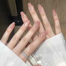 Ice Translucent Honey Peach Nude Ombre Cat Eye Press-On Nails - 短梯 - 查看 1
