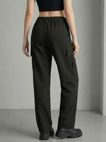Women's Lightweight Cargo Pants, Parachute Pants, Elastic Waist Drawstring With Side Flap Pockets For Casual Streetwear, Long Sports Pants Black Spring - Black - View 4