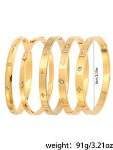 Camhanno 5/1pc Refined & Stylish Stainless Steel Bracelet - With Stylish Star Pattern Details, It Suits Daily Commute To Add A Subtle Romantic Flair To Casual Or Formal Attires, Blending Into Everyday Life Smoothly; Adds A Charming Touch To Party Gatherings - Gold - View 3