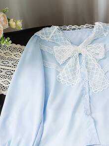 法式蕾丝边饰藏蓝色翻领女式衬衫，春夏款，宽松版型，显瘦，长袖休闲上衣 - 藍色 - 查看 11