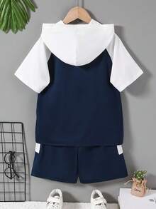 Boys' Casual Lightweight Hooded Sweatshirt & Shorts Set, Fashionable Color Block Printed Design, Suitable For Spring/Summer - Navy Blue - View 2