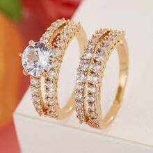 女士两件套铜戒指，优雅复古新娘叠戴戒指，镶嵌闪亮锆石，日常/婚礼首饰，情人节礼物 - 婚禮對戒9 - 查看 2
