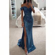 New Sequin Off-Shoulder Split Dress For Party Casual Fashion Women's Dress - 孔雀藍 - 查看 11