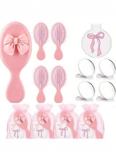 15件/5套闺蜜派对迷你梳子按摩刷礼盒套装，女士友谊礼物，便携式可爱迷你气垫发梳（包含5个蝴蝶结化妆镜、5把梳子、5个收纳袋）