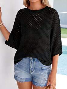 Women's Summer Crochet Top - Hollow-Out Batwing Sleeve Cover-Up, Cute Pullover Knitwear, Beach Vacation Outfit - màu đen - Xem 4