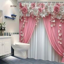 1Pc 2D Flat Elegant Floral Shower Curtain, With 12 Hooks, Soft Pink And White Roses With Flowing Drapes And Subtle Texture, Romantic And Feminine Aesthetic, Shower Curtain Bathroom Decor, Perfect For Window And Wall, Bathtub, Bathroom Home Decor - Kiểu 1 - Xem 1