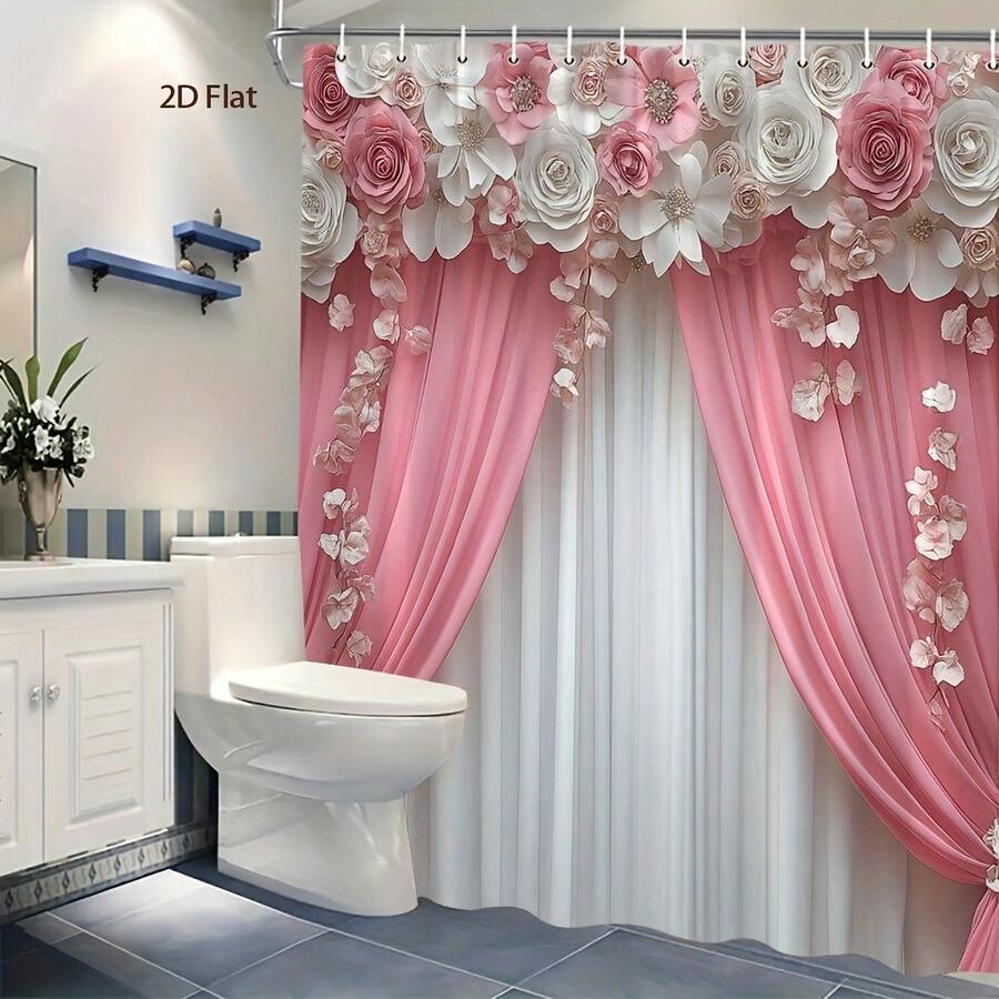 1Pc 2D Flat Elegant Floral Shower Curtain, With 12 Hooks, Soft Pink And White Roses With Flowing Drapes And Subtle Texture, Romantic And Feminine Aesthetic, Shower Curtain Bathroom Decor, Perfect For Window And Wall, Bathtub, Bathroom Home Decor - Kiểu 1 - Xem 1
