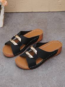 Sandal đế xuồng rỗng bằng kim loại trang trí dành cho nữ cỡ lớn, dép lê quai ngang thời trang, sandal đi biển mùa hè hàng ngày, dép xỏ ngón da PU màu trắng. - màu đen - Xem 6