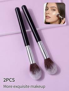 2支装高级木柄腮红刷、软毛散粉刷、高光刷、蓬松晕染化妆刷 - 黑色 - 查看 3