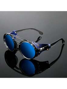 防风蒸汽朋克风格复古圆形时尚眼镜，男女皆宜，配有皮革侧翼，适合骑行、摩托车骑行和其他户外活动（不含眼镜盒），是夏季海滩度假和户外旅行的必备单品。 - 黑色 - 查看 12