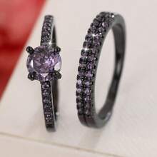 女士两件套铜戒指，优雅复古新娘叠戴戒指，镶嵌闪亮锆石，日常/婚礼首饰，情人节礼物 - 婚禮對戒10 - 查看 36