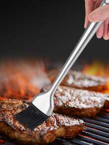 1pc Stainless Steel High Heat Resistant BBQ Basting Brush, Silicone Bristle Baking Brush - Silver - View 5