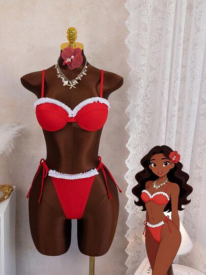 Sweet & Spicy Contrast Color Ruffle Bikini, Underwire Push-Up Tie-Front Swimsuit With Youthful Vibe