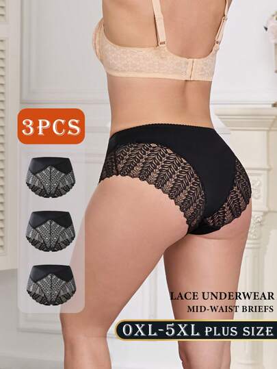 3 piezas Bragas de talla grande para mujer de unicolor, cintura media, transpirables, con parches de encaje francés sexy, cómodas para el hogar y deportes