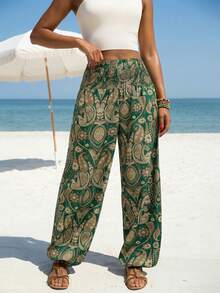 女士高腰休闲度假印花抽绳阔腿裤 (YY1182)，春夏款 - 綠色 - 查看 5