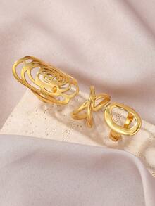 Vintage Elegant Gold Tone Ring Set - Hollow Camellia Flower + Asymmetrical Oval + Intersecting Line Design Rings, Women Daily Commute Party Stackable Jewelry - Gold - View 3
