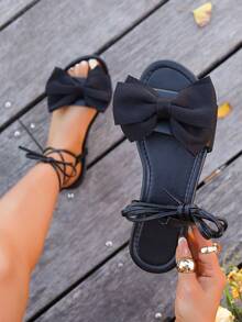 New Fashion Fluffy Bow Flat Lace-Up Slippers Floral Shoes Microfiber Glossy Fabric Women's Outdoor High-End Fashion French Beach Holiday Non-Slip Flat Sandals - Black - View 2