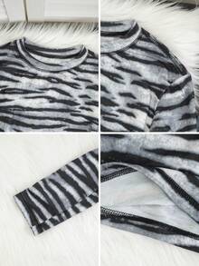 时尚斑马纹长袖T恤，性感修身女士打底衫，春季款 - 黑色 - 查看 11