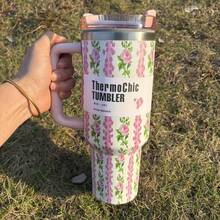1pc,40 Oz H2.0 Cup,Camping Full Body Floral Pattern, 40oz Cup Stainless Steel Vacuum Insulated Tumbler With Lid And Straw For Water, Iced Tea Or Coffee, Smoothie And More, 40oz Reusable Double Walled Vacuum Insulated Stainless Steel Water Bottle With Handle For Outdoor Activities, ,  For Camping, Hiking, Can A Gift For Friends And Relatives - 40盎司花粉 - 查看 2