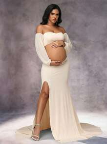 Irresista Maternity 2 Pcs Set Lantern Sleeves Tube Top Slit Long Train Skirt For Photoshoot Baby Shower - Apricot - View 1