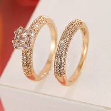 2 Pieces Copper Ring Set For Women, Elegant Retro Bridal Layering Ring With Sparkling Zirconia, Daily/Wedding Jewelry, Valentine's Day Gift - Wedding Rings 6 - View 15
