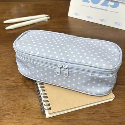 1 pieza Estuche de lápices con cremallera de lunares azul claro para niñas - Bolsa de tela suave para útiles escolares, viajes y uso diario - Bolsa de almacenamiento de estilo coreano lindo para cosméticos y accesorios