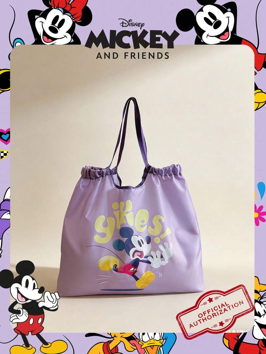 Disney 1个官方授权米奇图案收纳袋，大容量购物袋，可折叠手提袋，抽绳单肩包，轻便手提包，官方授权正品，女士/女孩/女性适用，适合日常/购物/外出 - 紫色 - 查看 1