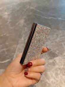 1pc Metal Business Card Holder, Shiny Rhinestone Embellished, Portable Large Capacity Card Case, Unisex Business Gift - Silver - View 8