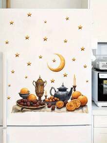 1pc Ramadan Mubarak Watercolor Wall Sticker - Self-Adhesive PVC Moon, Star & Food Pattern Decals, Suitable For Bedroom, Living Room, Kitchen - Perfect Holiday Home Decor Gift - Multicolor - View 6