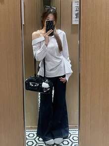 女士休闲条纹不对称肩部衬衫，柔软优雅的褶皱腰部设计，秋冬季长袖上衣 - 白 - 查看 5