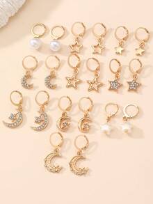 10件套女孩星星、月亮、五角星珍珠耳环首饰套装，适合日常装饰 - 金色 - 查看 2