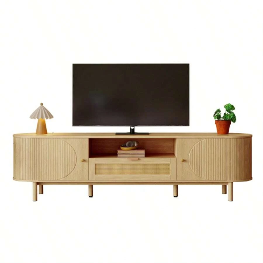 Modern TV Cabinet With Rattan Drawers With Open Compartments, Rounded Tabletop, Metal Legs In Wood Look, Multifunctional Living Room Furniture.